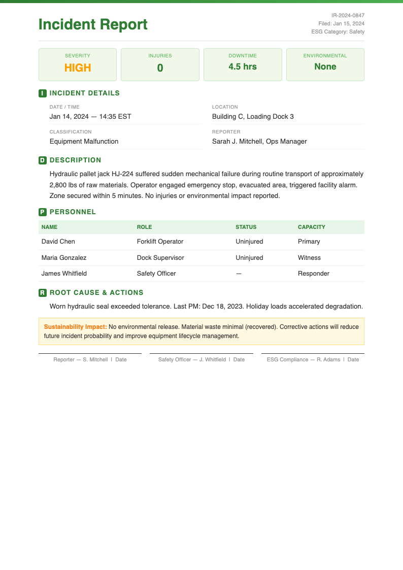 Corporate ESG incident report